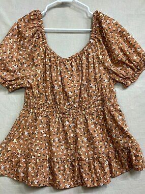 Indulge Women’s Floral Boho Blouse Top 1X Brown Puff Sleeve Smocked